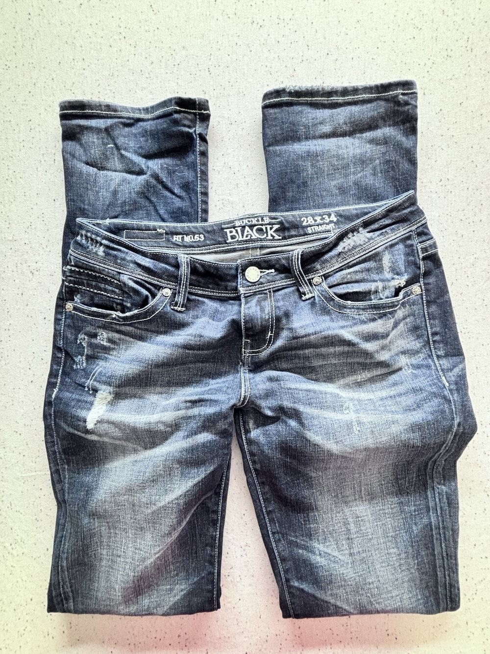 Buckle Black Womens Fit No. 53 Straight Jeans 28x34 Distressed Dark Wash Denim